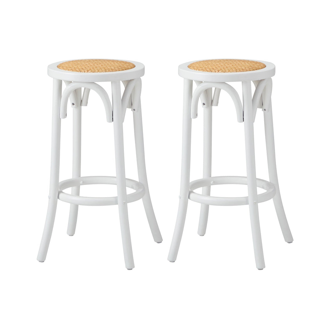 Oikiture 2x Bar Stools Kitchen Vintage Dining Chair Rattan Seat White