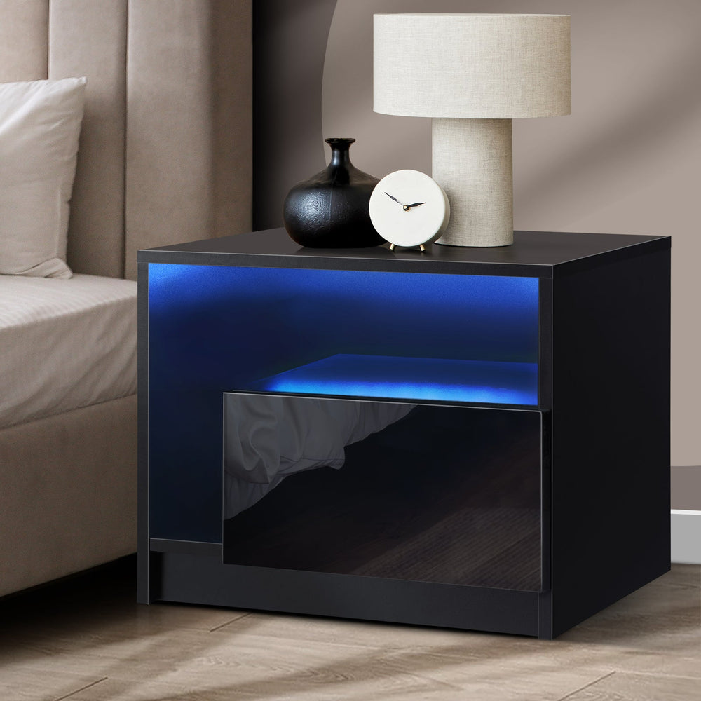 Oikiture Bedside Tables RGB LED Side Table Drawers High Gloss Nightstand Black