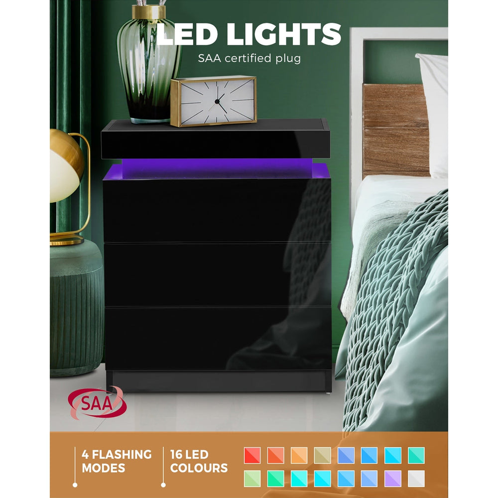 Oikiture Bedside Tables 3 Drawers Side Table RGB LED High Gloss Nightstand Cabinet