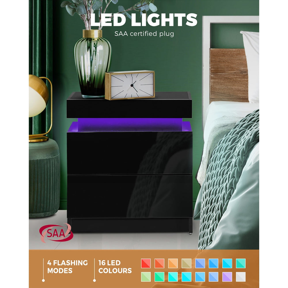 Oikiture Bedside Tables 2 Drawers Side Table RGB LED High Gloss Nightstand Cabinet