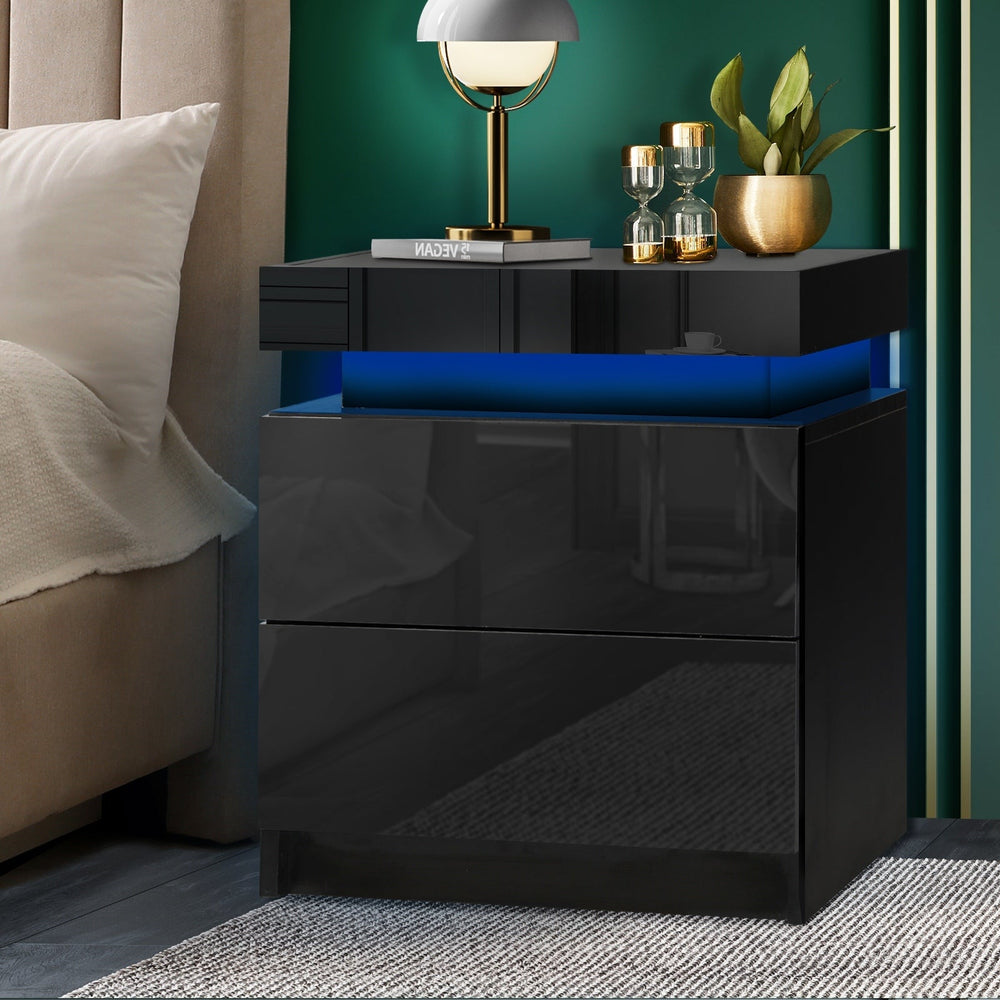 Oikiture Bedside Tables 2 Drawers Side Table RGB LED High Gloss Nightstand Cabinet