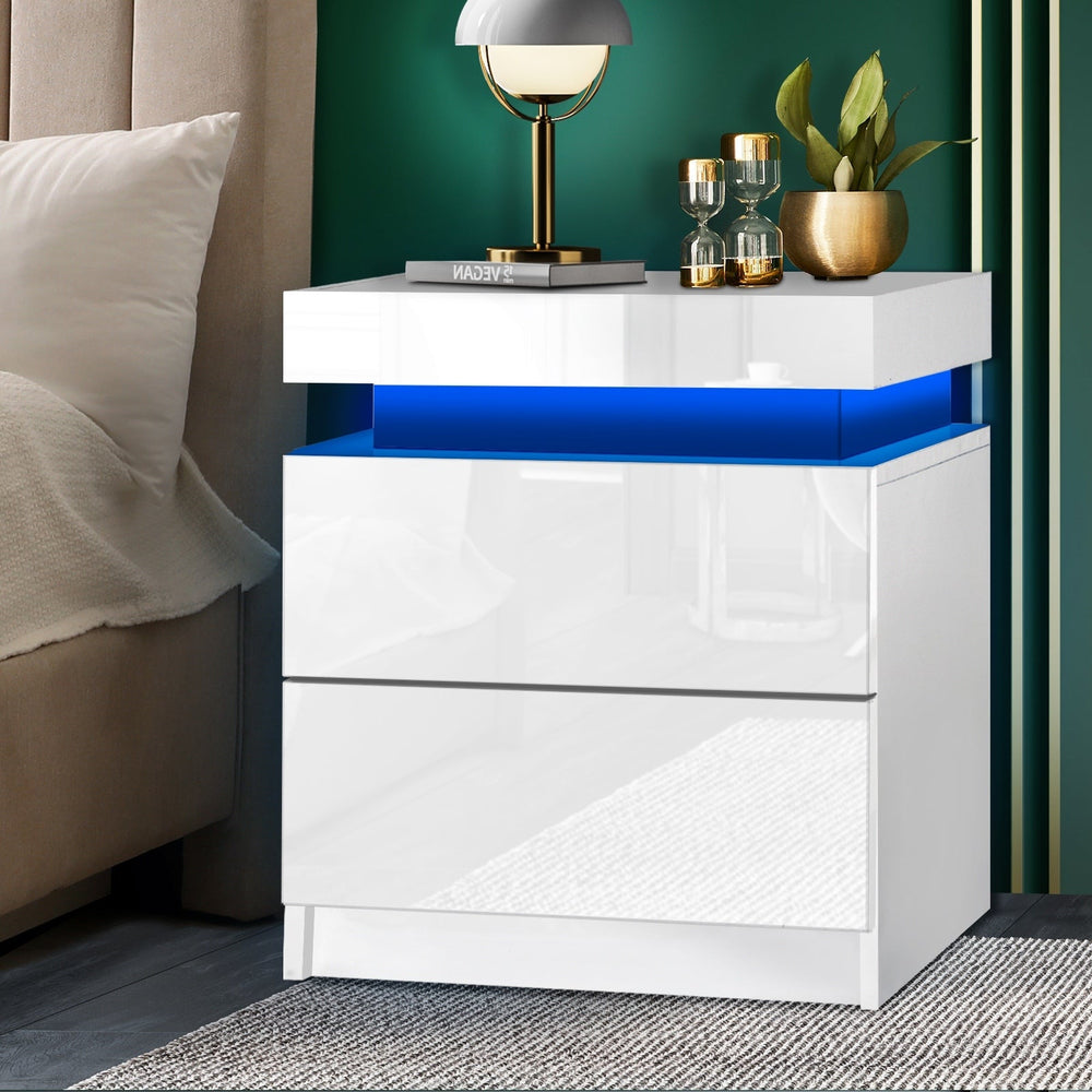Oikiture Bedside Tables Side Table 2 Drawers RGB LED High Gloss Nightstand Cabinet