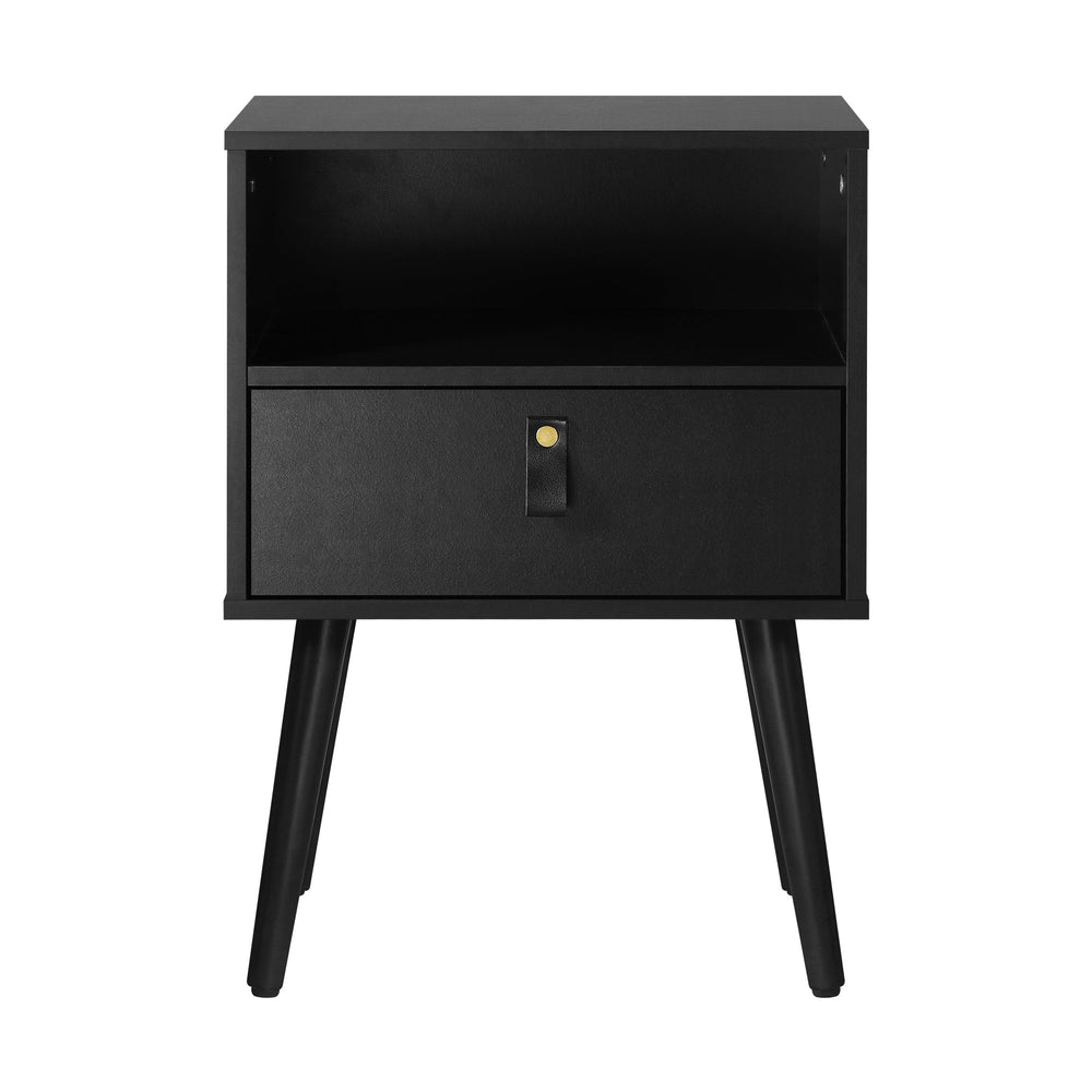 Oikiture Bedside Tables Side Table Storage Cabinet w/ Leather Handle Black
