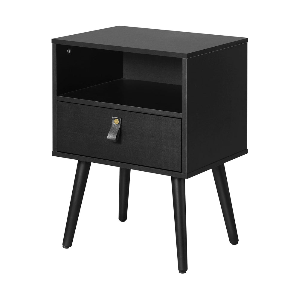 Oikiture 2 X Bedside Tables Side Table w/ Leather Handle Black