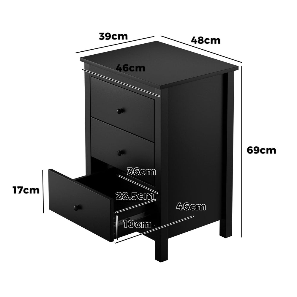 Oikiture Bedside Table 3 Drawers Hamptons Furniture Storage Cabinet Black