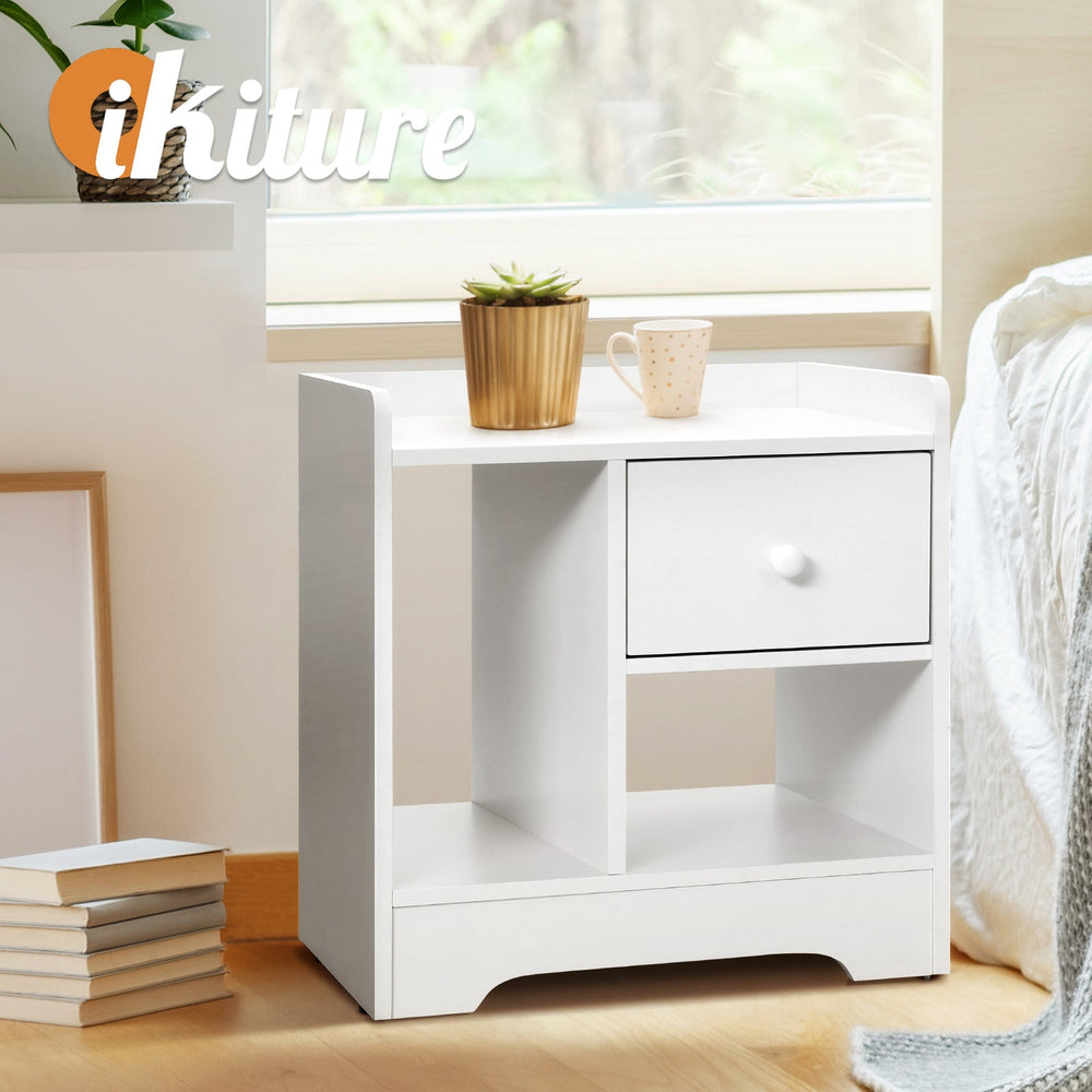 Oikiture Bedside Tables Side Table White Nightstand Storage Drawer Shelf Bedroom