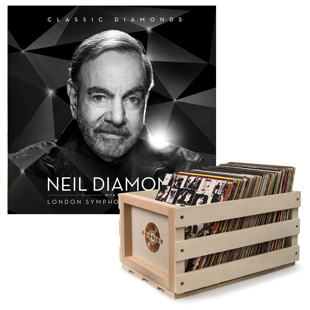 Crosley Record Storage Crate &amp; Neil Diamond - Classic Diamonds With The London Symphony Orchestra - Double Vinyl Album Bundle
