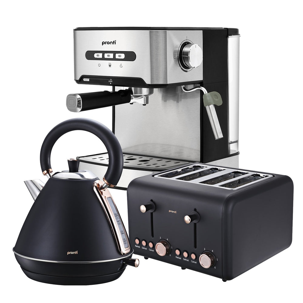 Pronti Toaster, Kettle &amp; Coffee Machine Breakfast Set - Black