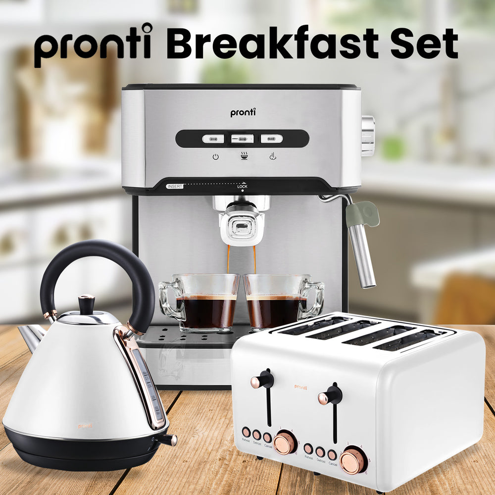 Pronti Toaster, Kettle &amp; Coffee Machine Breakfast Set - White