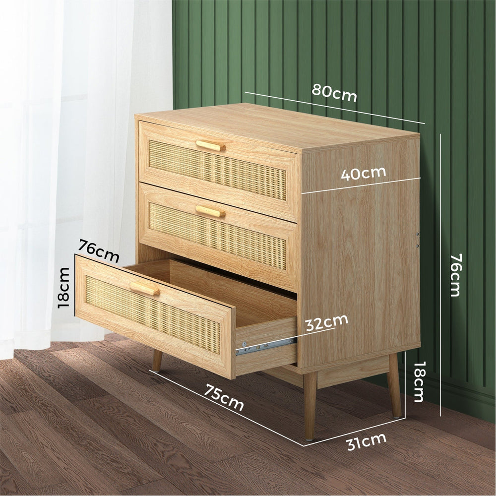Oikiture 3 Chest of Drawers Tallboy Cabinet Clothes Storage Bedroom Rattan Wood
