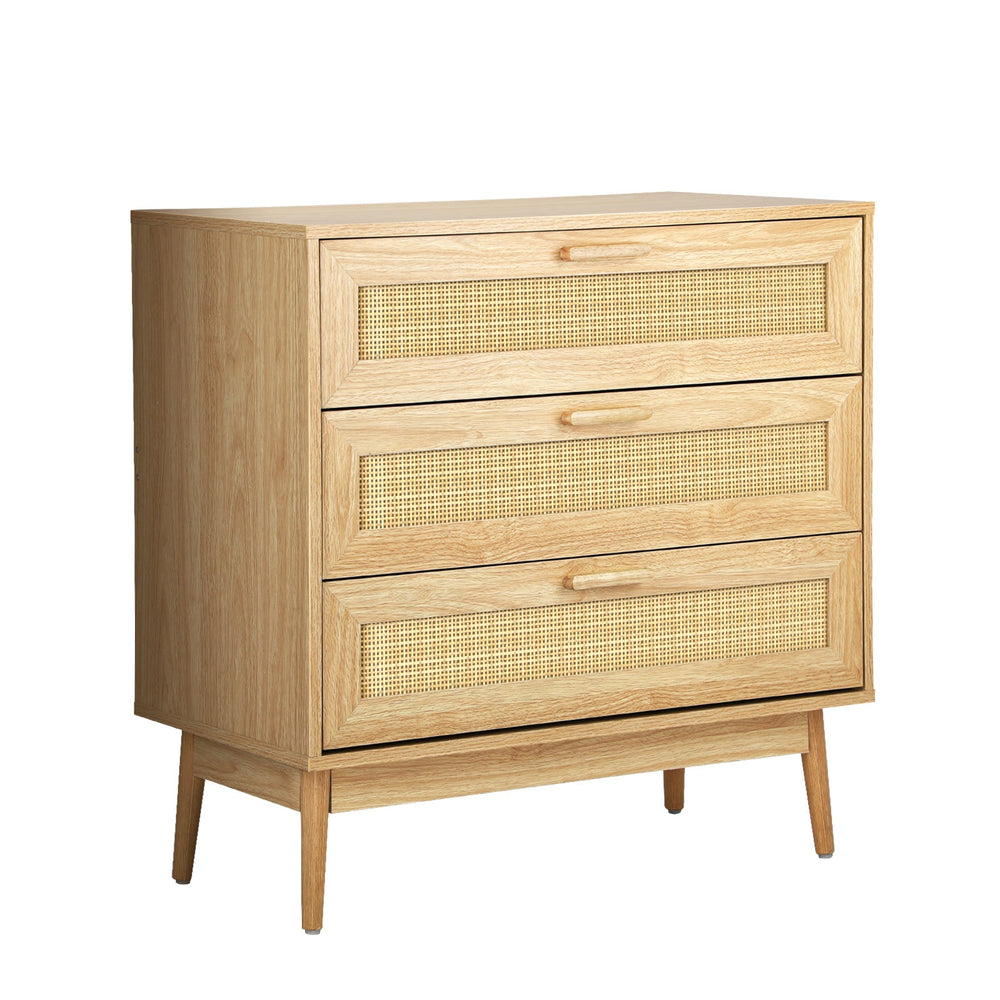 Oikiture 3 Chest of Drawers Tallboy Cabinet Clothes Storage Bedroom Rattan Wood