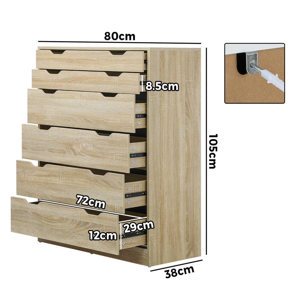 Oikiture 6 Chest of Drawers Tallboy Cabinet Bedroom Clothes Wooden Furniture