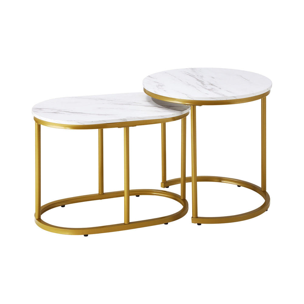 Oikiture Set of 2 Coffee Table Round Oval Marble Nesting Side End Table Gold