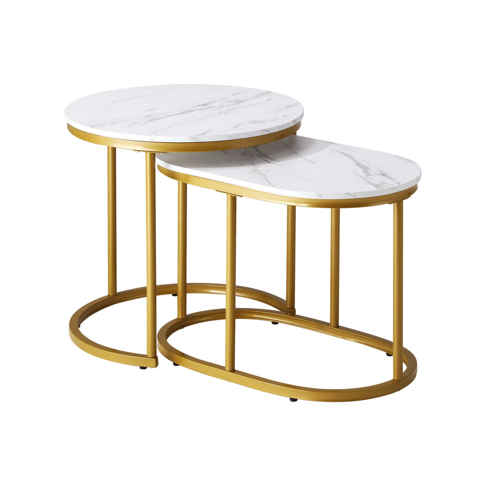 Oikiture Set of 2 Coffee Table Round Oval Marble Nesting Side End Table Gold