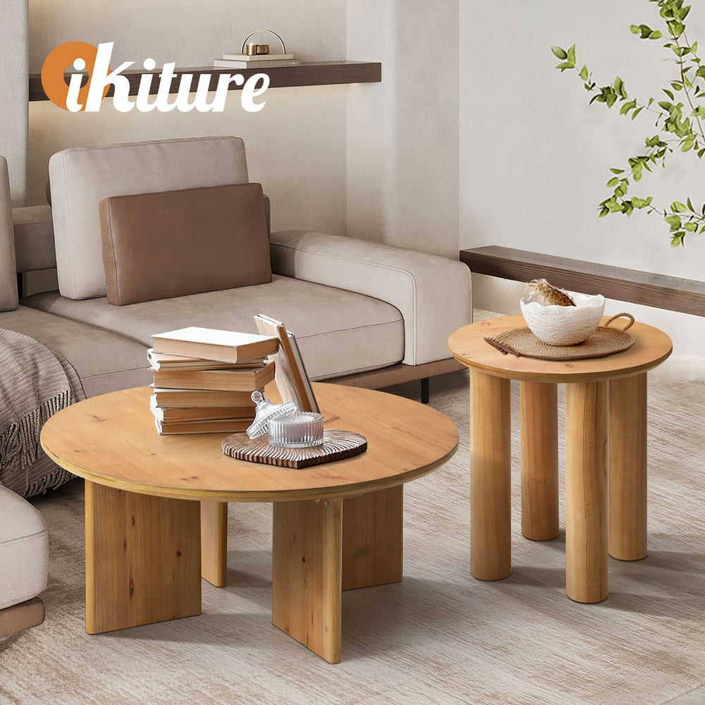 Oikiture Coffee Table Round Side End Tables Sofa Cafe Desk Wooden Natural