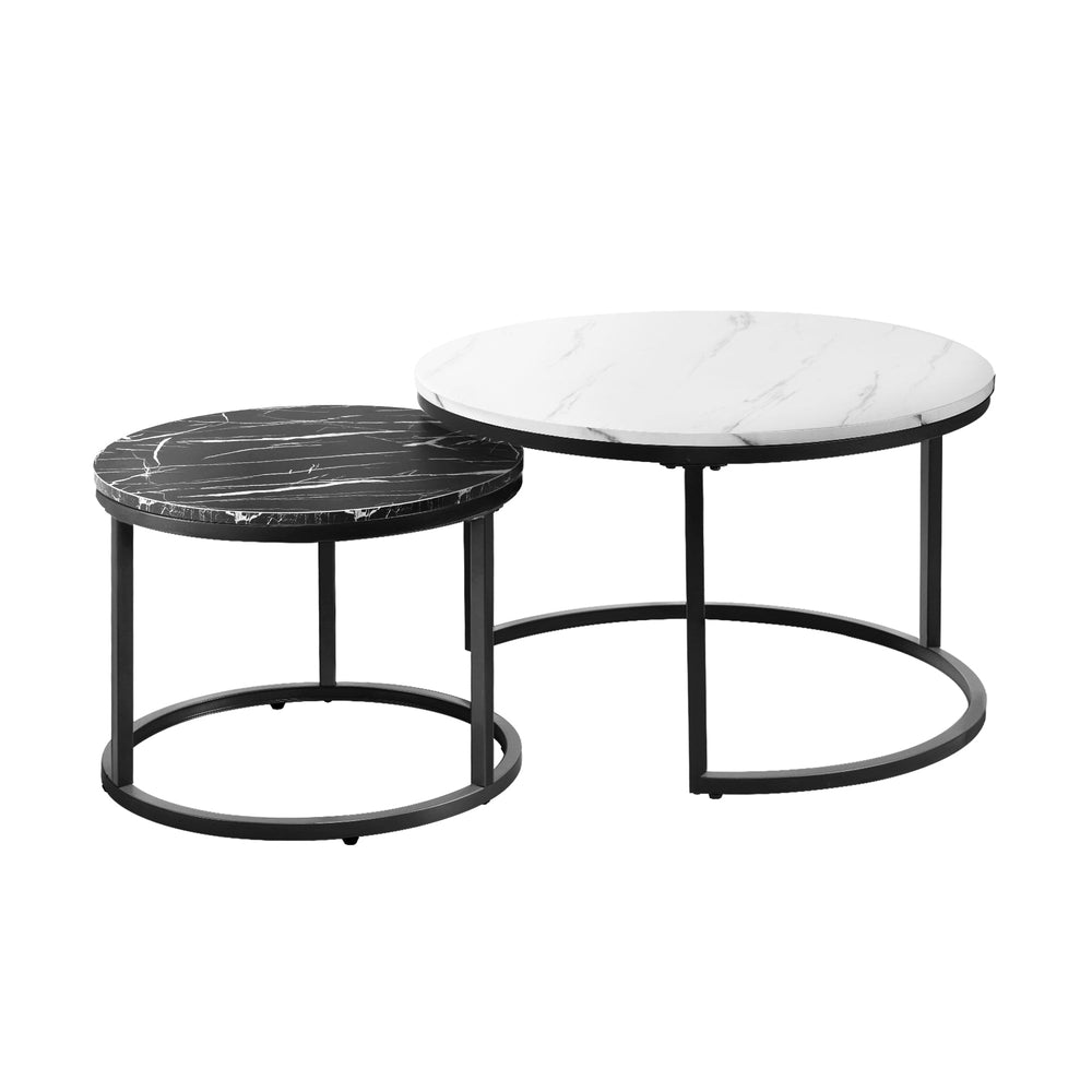 Oikiture Set of 2 Coffee Table Round Nesting Side End Table White &amp; Black