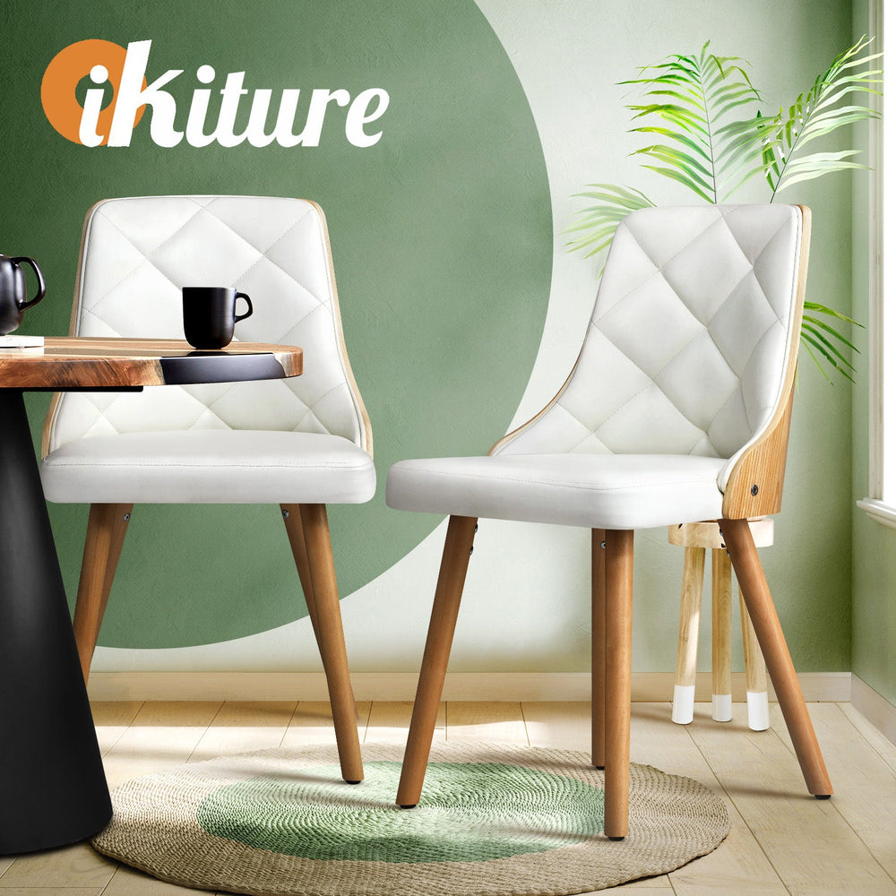 Oikiture Dining Chairs Wooden Kitchen Chair Cafe Faux PU Leather Padded Seat 2x