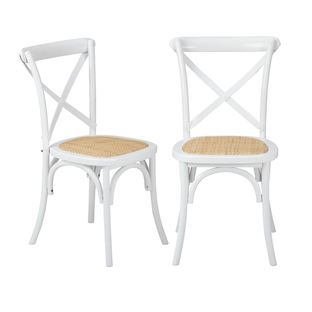 Oikiture 2PCS Crossback Dining Chair Solid Birch Timber Wood Ratan Seat White