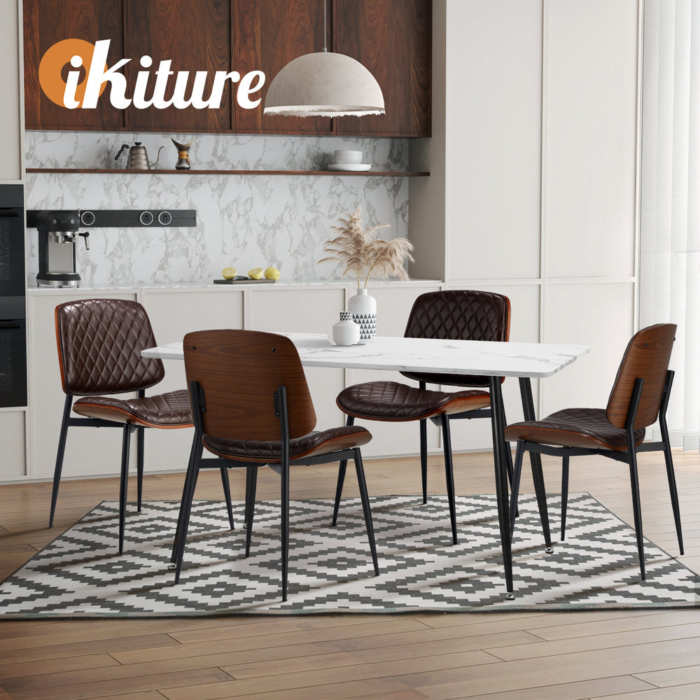 Oikiture 2x Dining Chairs Retro Faux Leather Solid Beech Wood Metal Legs Walnut