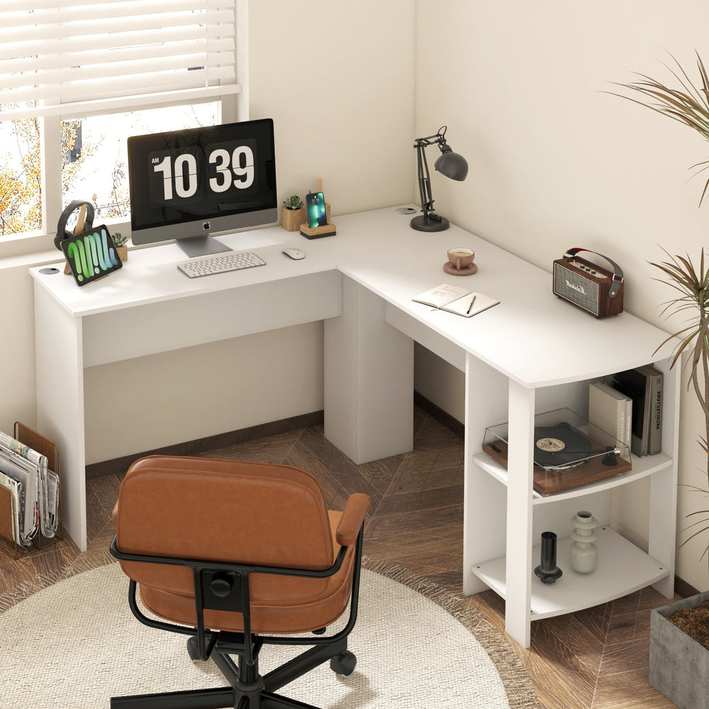 Oikiture L-shape Computer Desk Home Office Writing Desk w/ Storage Shelves White