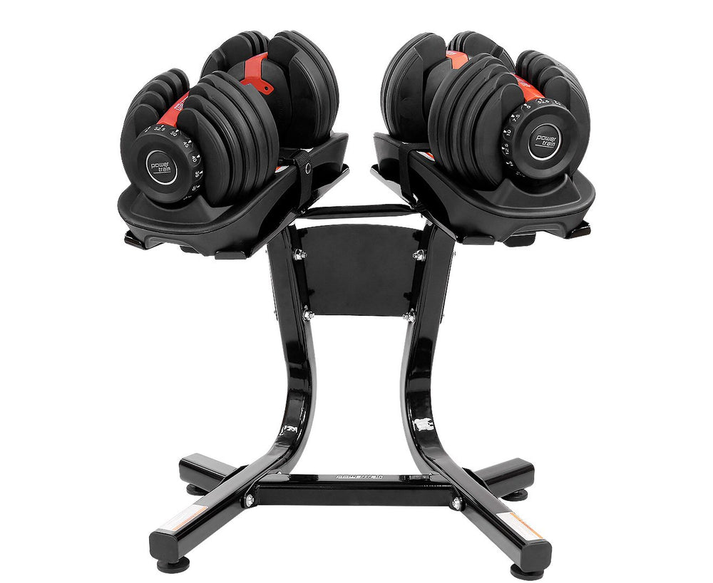 Powertrain 2x 24kg Adjustable Dumbbell Set with Stand - Red