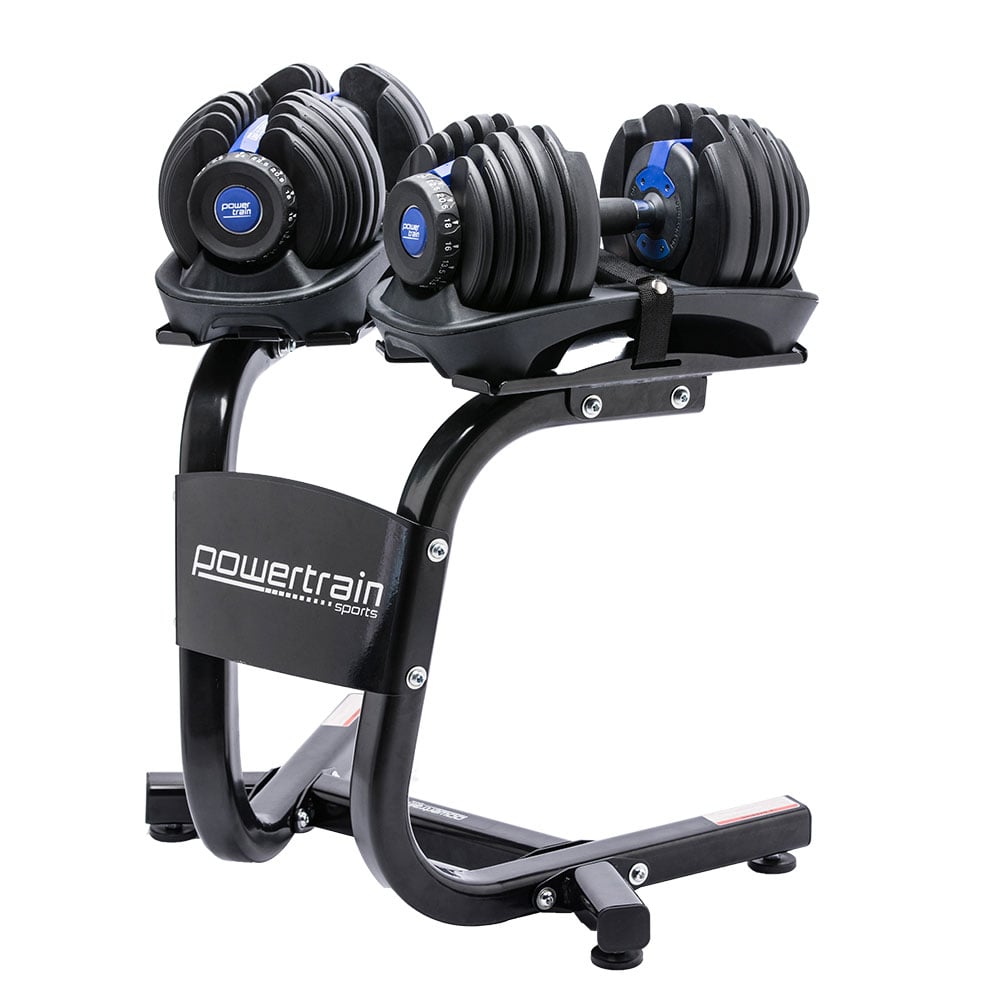 Powertrain 2x 24kg Adjustable Dumbbell Set with Stand- Blue