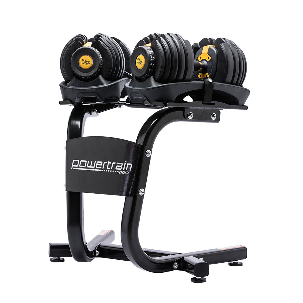 Powertrain 2x 24kg Adjustable Dumbbell Set with Stand- Gold