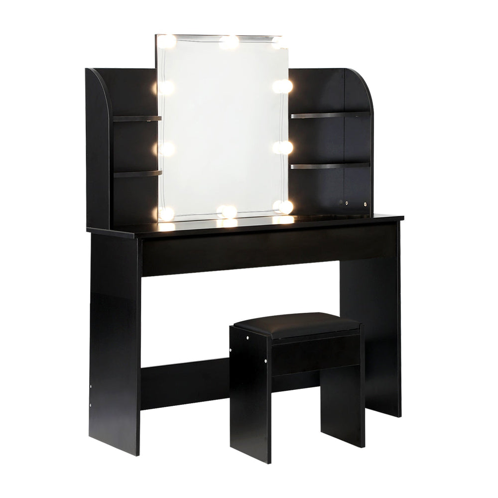 Oikiture Dressing Table Stool Set Makeup Mirror Storage Drawer 10LED Bulbs Black