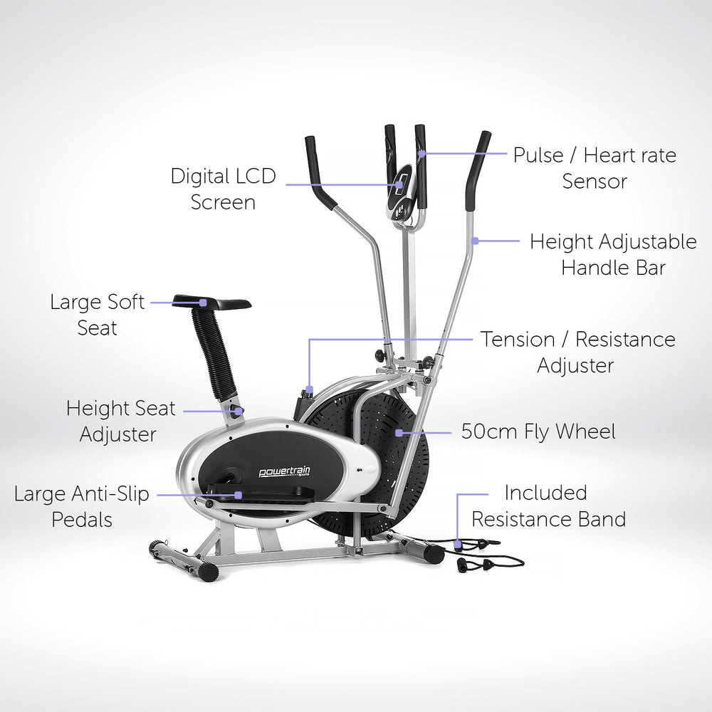 Powertrain 3-in-1 Elliptical Cross Trainer &amp; Exercise Bike with Resistance Bands