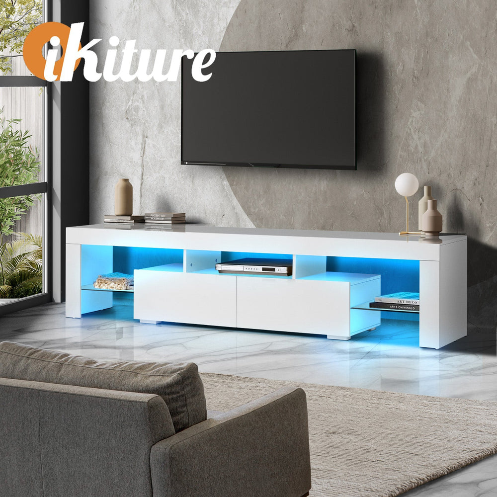 Oikiture TV Cabinet Entertainment Unit Stand LED RGB Gloss Furniture White 180CM