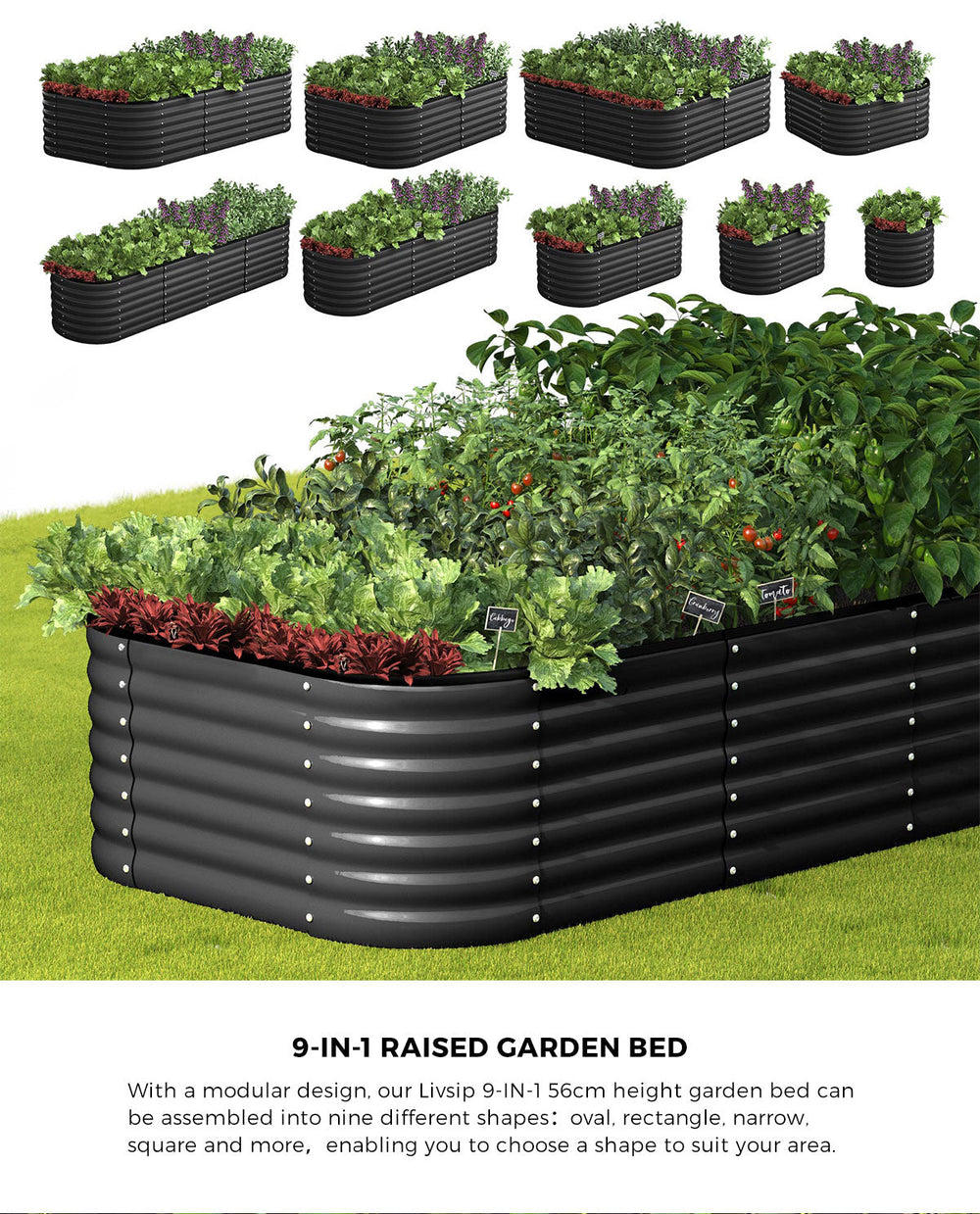 Livsip 9-IN-1 Raised Garden Bed Modular Kit Planter Oval Galvanised Steel 56CM H