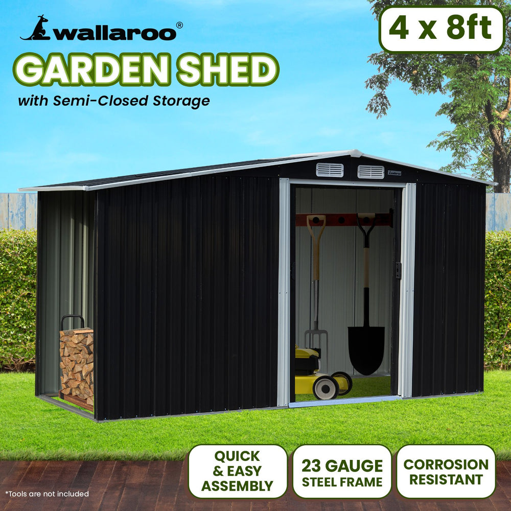 Wallaroo 4ft x 8ft Garden Shed with Semi-Close Storage - Black