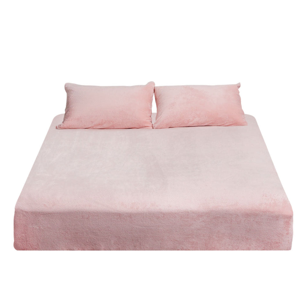 Dreamz Fitted Bed Sheet Set Pillowcase Flannel Queen Size Winter Warm Pink