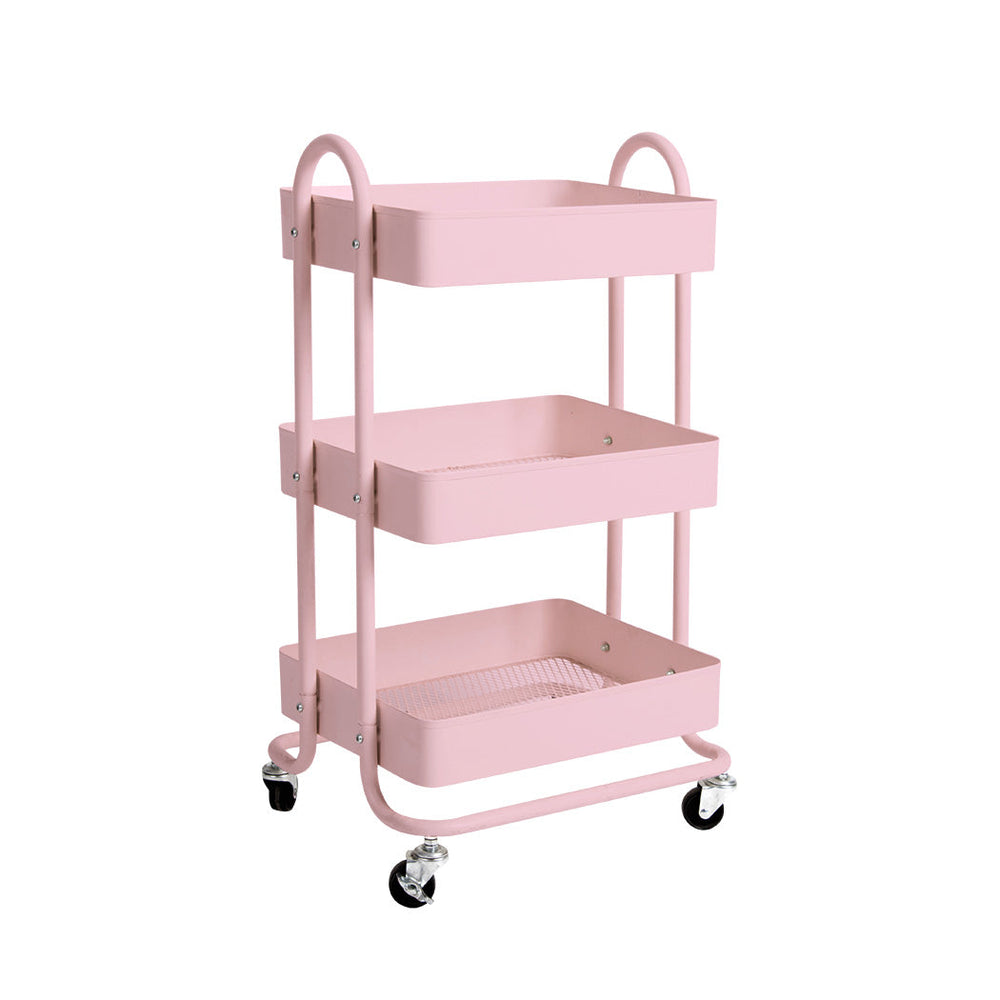 Levede 3 Tiers Kitchen Trolley Cart Steel Storage Rack Shelf Organiser Pink