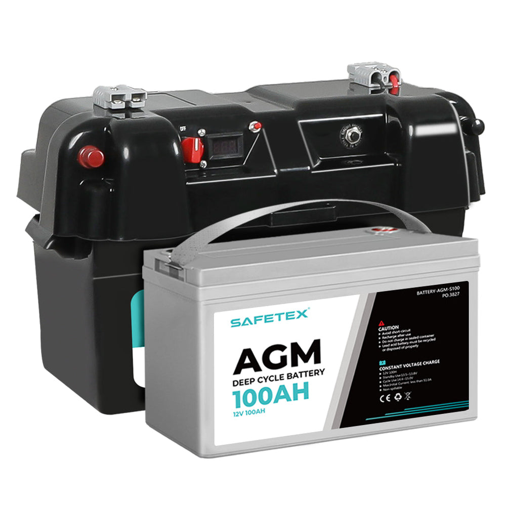 12V 100Ah AGM Battery Outdoor Rv Marine 4WD Deep Cycle &amp; W/ Strap Battery Box