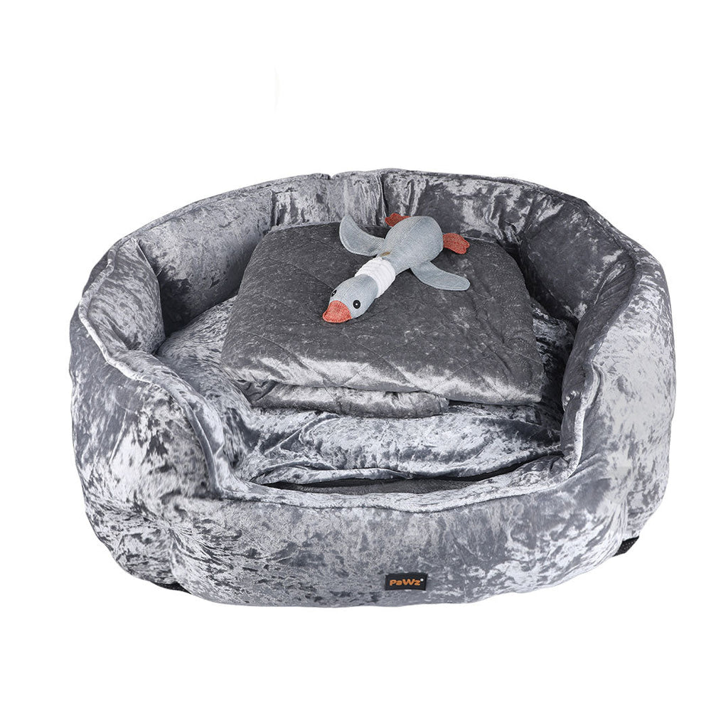 Pawz Pet Bed Set Dog Cat Quilted Blanket Squeaky Toy Calming Warm Soft Grey L