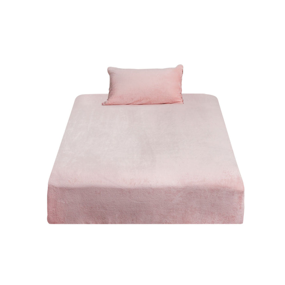 Dreamz Fitted Bed Sheet Set Pillowcase Flannel King Single Size Winter Warm Pink