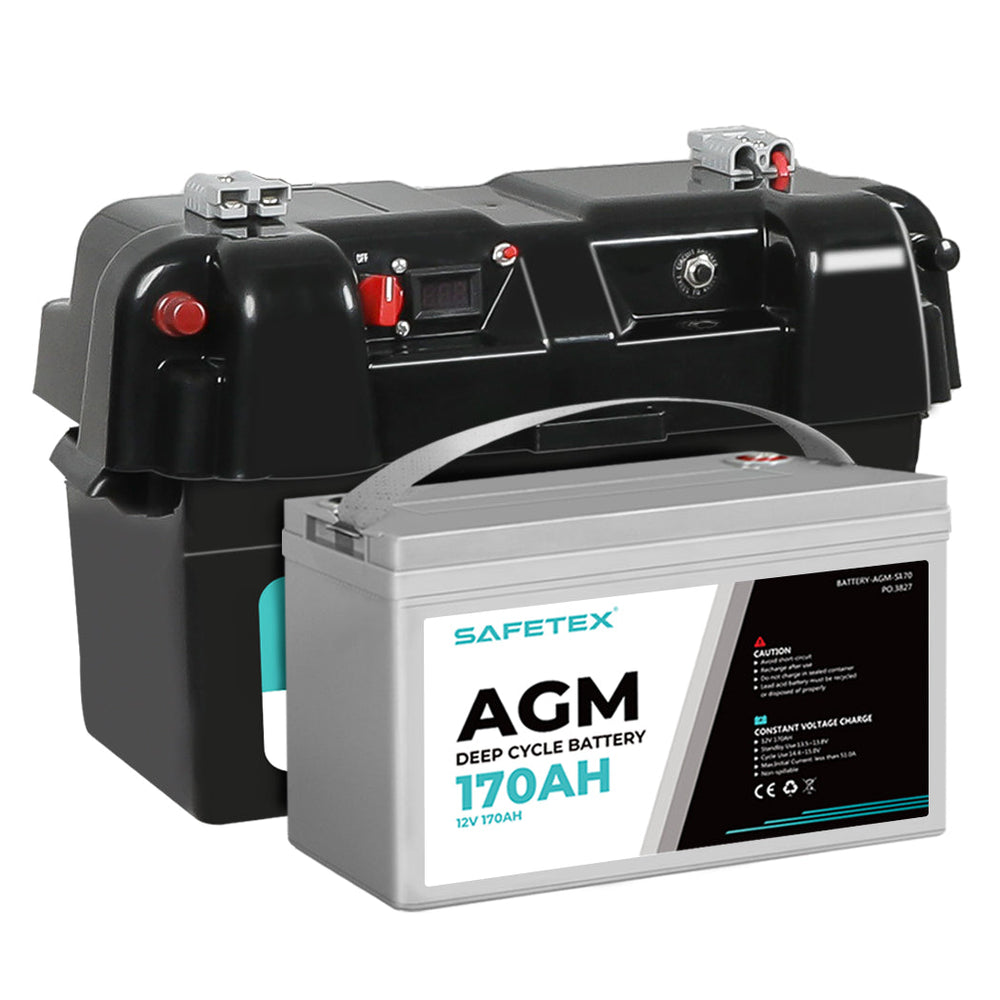 AGM Battery 12V 170Ah Deep Cycle with Battery Box Anderson Plug 2x USB Caravan