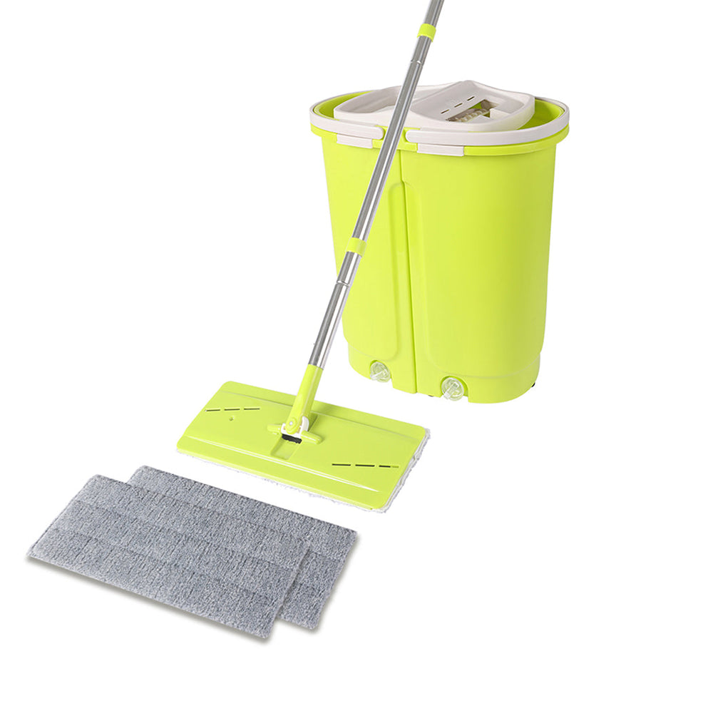 Cleanflo  Flat Mop Bucket Set Cleaner Stainless Steel Wet Dry 2 Mop Heads Green