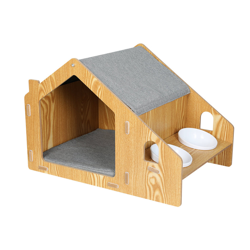 Pawz Wooden Pet House Cat Kennel Elevated Double Feeder Raised Feeding Bowls