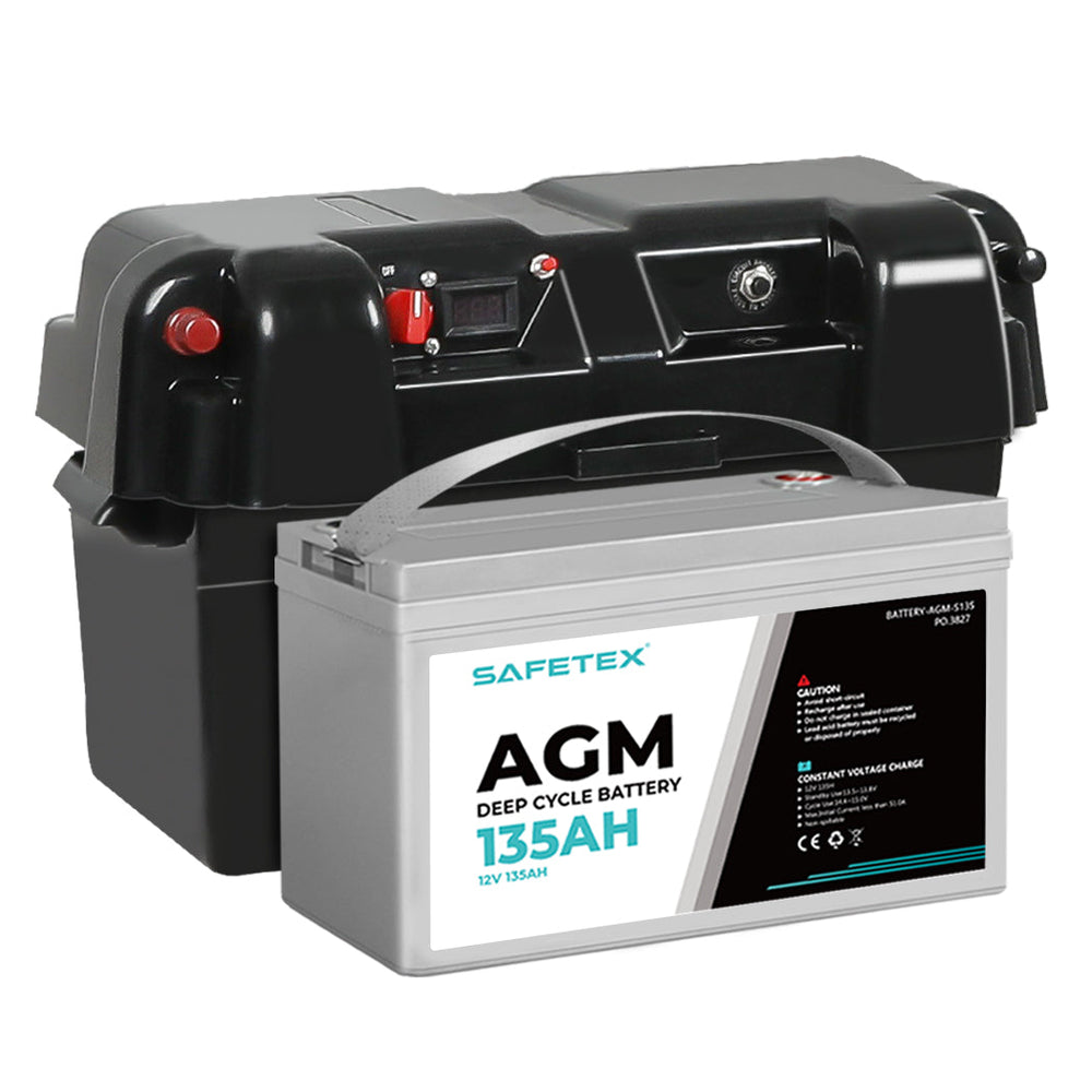 12V 135Ah AGM Battery Outdoor Rv Marine 4WD Deep Cycle &amp; W/ Strap Battery Box