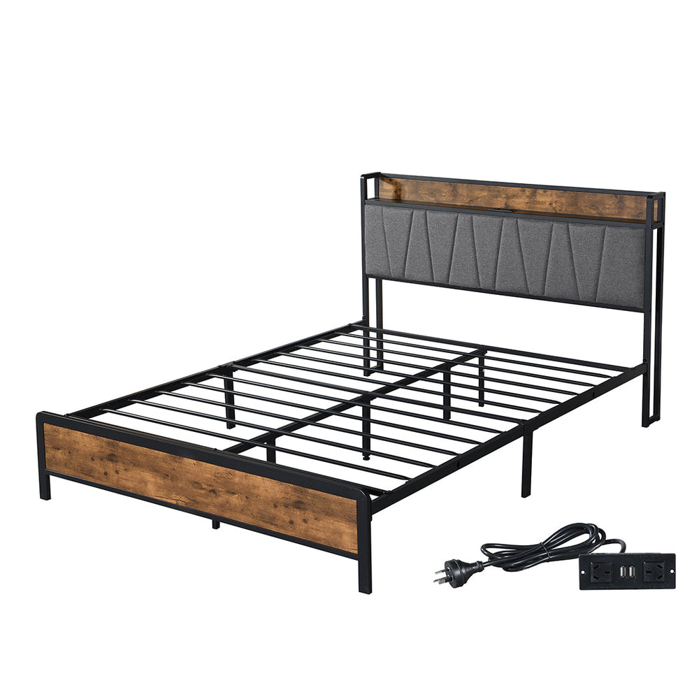 Levede Queen Bed Frame Industrial Tufted Soft Storage Headboard USB Charge