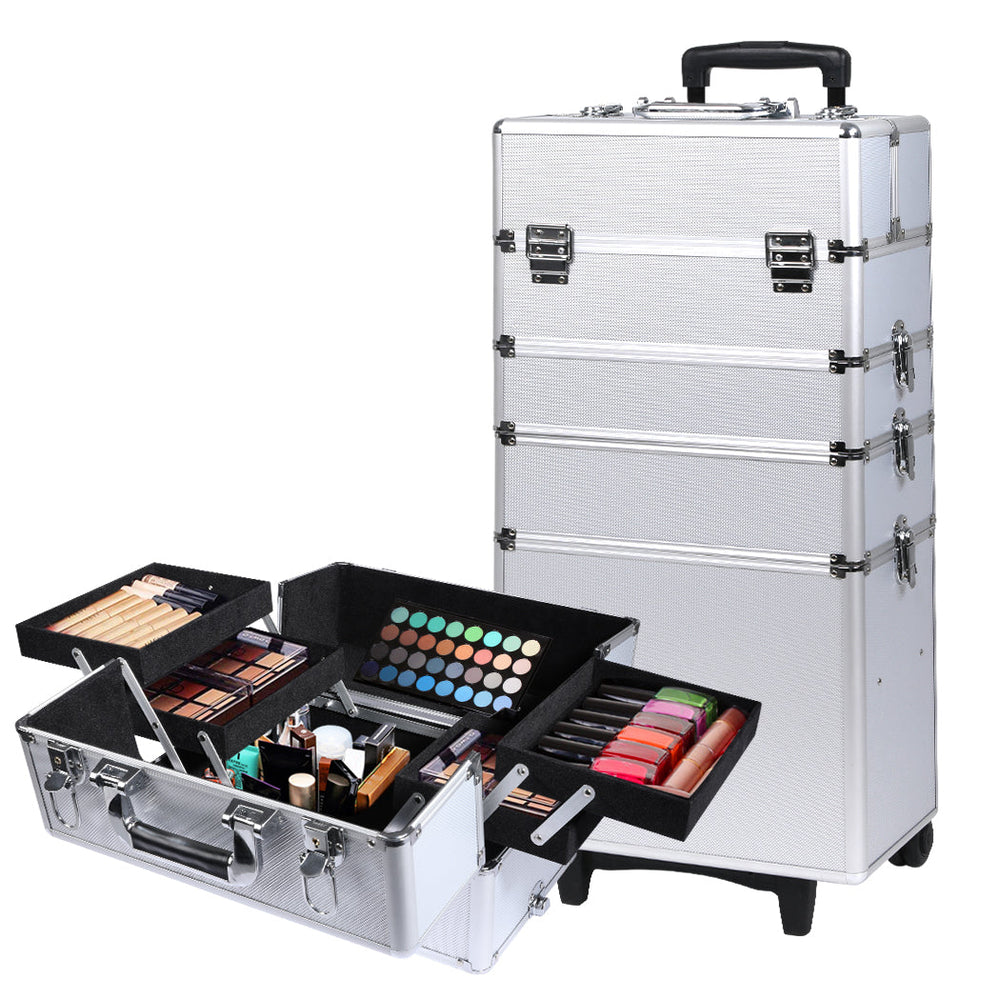 Traderight Group  7 in 1 Rolling Makeup Case Professional Plastic Cosmetic Organizer Box Silver