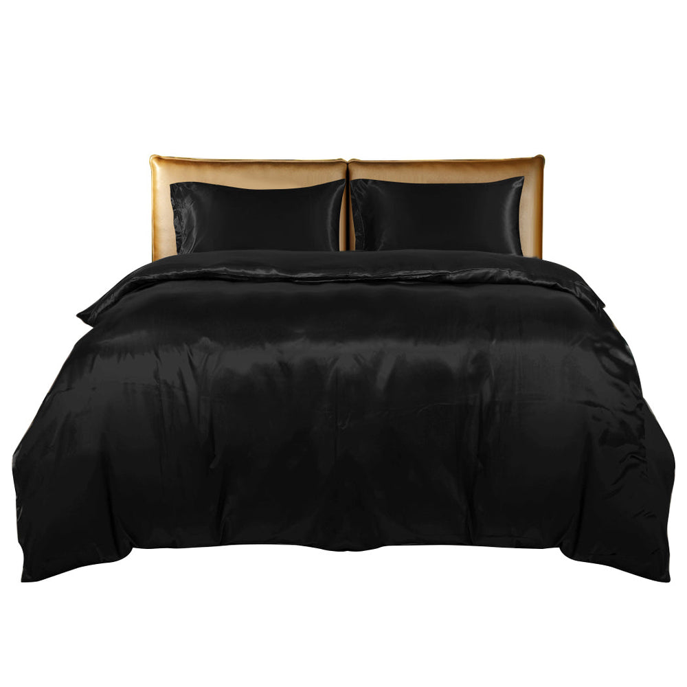 Dreamz Silky Satin Quilt Cover Set Bedspread Pillowcases Summer King Black