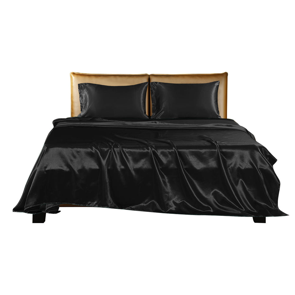 Dreamz Silky Satin Sheets Fitted Flat Bed Sheet Pillowcases Summer Single Black