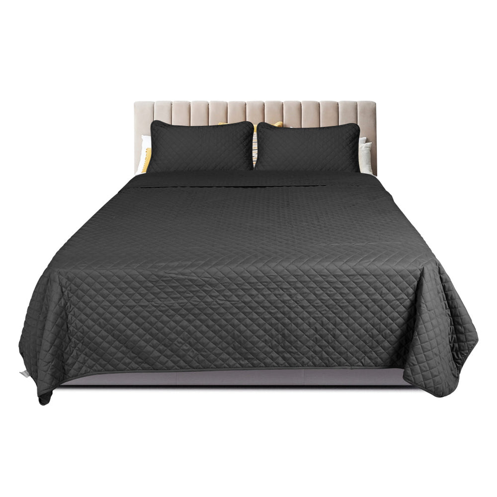 Dreamz Bedspread Coverlet Set Quilted Blanket Soft Pillowcases King Dark Grey