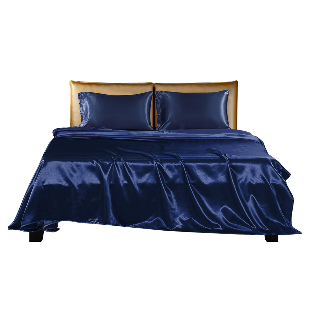 Dreamz Silky Satin Sheets Fitted Flat Bed Sheet Pillowcases Summer King Blue