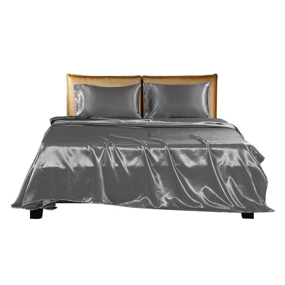 Dreamz Silky Satin Sheets Fitted Flat Bed Sheet Pillowcases Summer King Grey