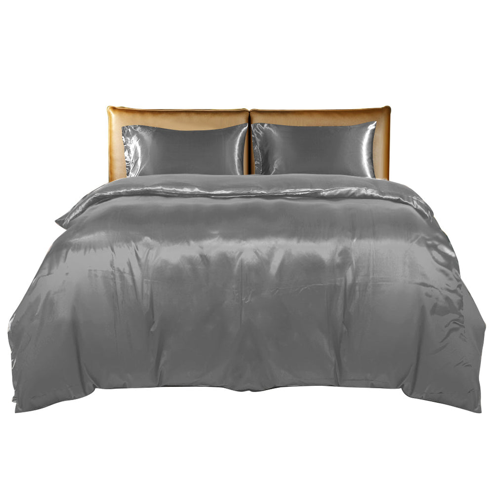 Dreamz Silky Satin Quilt Cover Set Bedspread Pillowcases Summer Double Grey