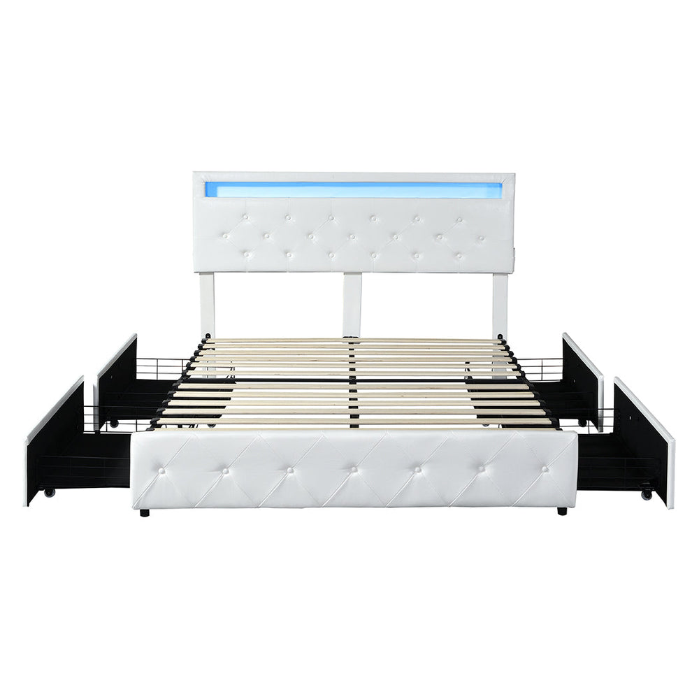 Levede Queen Bed Frame RGB LED PU Leather Mattress Base 4 Drawer USB Charge